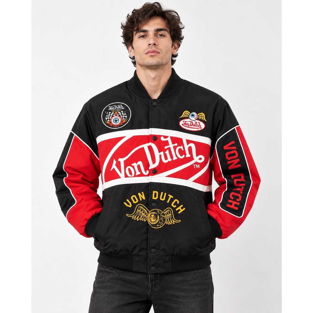 Von Dutch System Jacket Mens XL Black Red White Racing Flying Eyeball Logo Patch